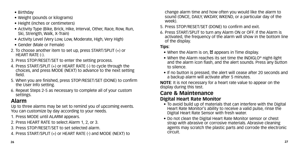 Alarm, Care & maintenance | Timex W-270 User Manual | Page 16 / 88