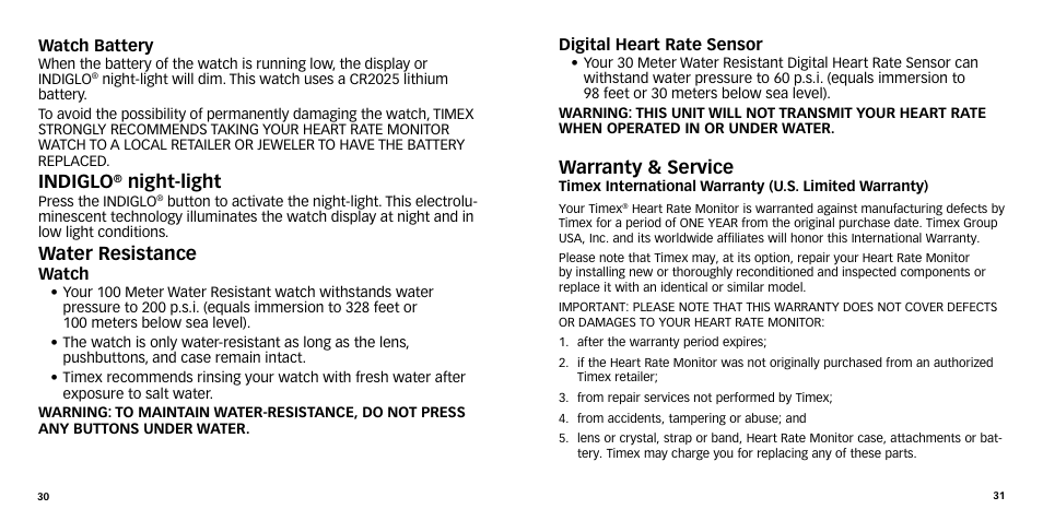 Indiglo, Night-light, Water resistance | Warranty & service | Timex W-270 User Manual | Page 18 / 88