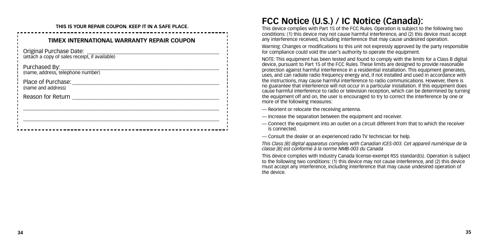 Fcc notice (u.s.) / ic notice (canada) | Timex W-270 User Manual | Page 20 / 88