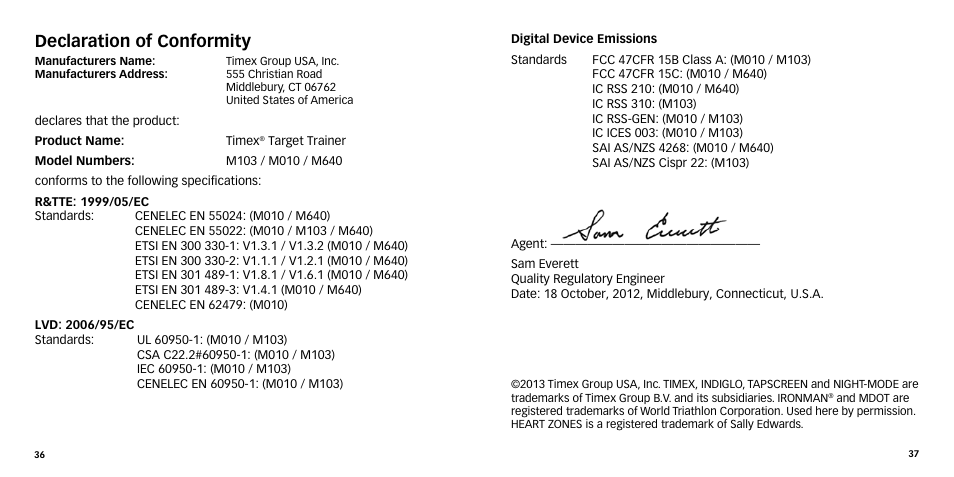 Declaration of conformity | Timex W-270 User Manual | Page 21 / 88