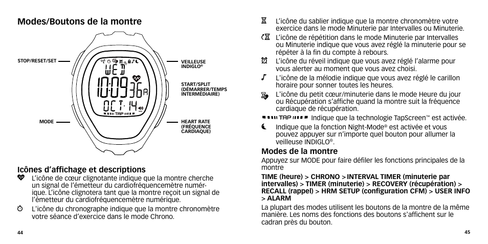 Modes/boutons de la montre | Timex W-270 User Manual | Page 25 / 88