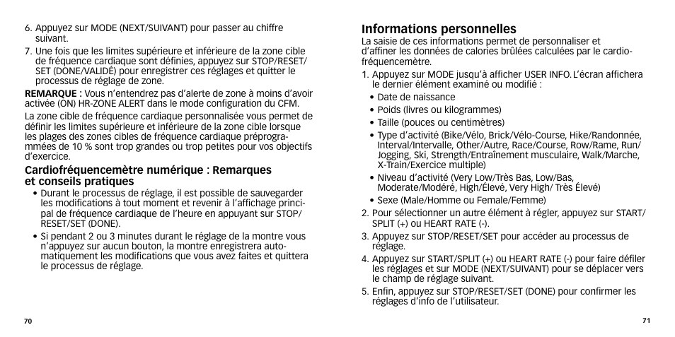 Informations personnelles | Timex W-270 User Manual | Page 38 / 88