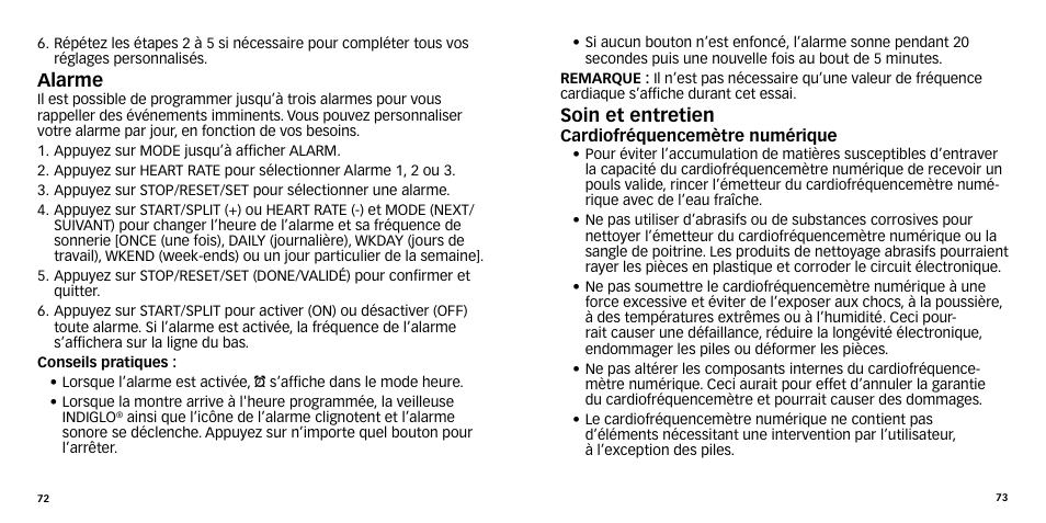 Alarme, Soin et entretien | Timex W-270 User Manual | Page 39 / 88