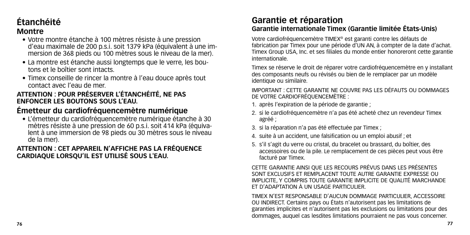 Étanchéité, Garantie et réparation | Timex W-270 User Manual | Page 41 / 88