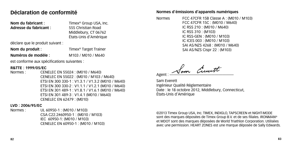 Déclaration de conformité | Timex W-270 User Manual | Page 44 / 88