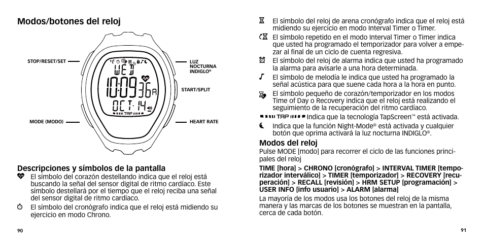 Modos/botones del reloj | Timex W-270 User Manual | Page 48 / 88