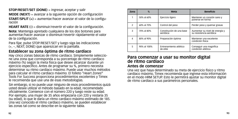 Establecer su zona óptima de ritmo cardíaco, Antes de comenzar | Timex W-270 User Manual | Page 49 / 88