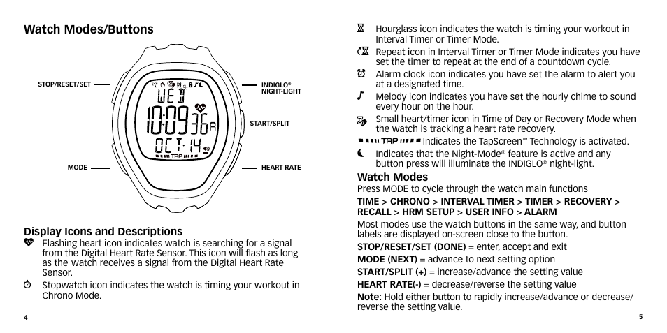 Watch modes/buttons | Timex W-270 User Manual | Page 5 / 88