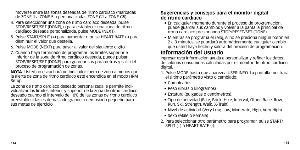 Información del usuario | Timex W-270 User Manual | Page 60 / 88