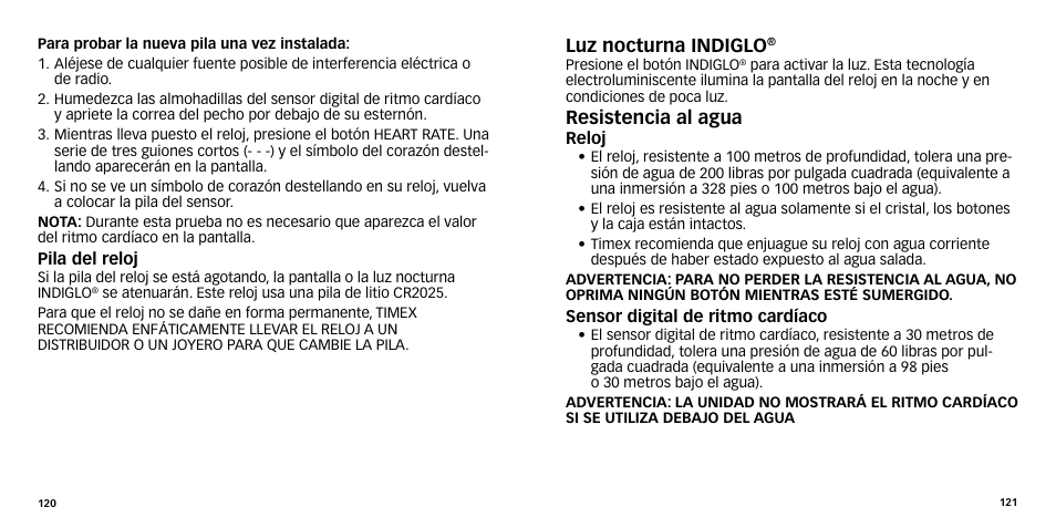 Luz nocturna indiglo, Resistencia al agua | Timex W-270 User Manual | Page 63 / 88