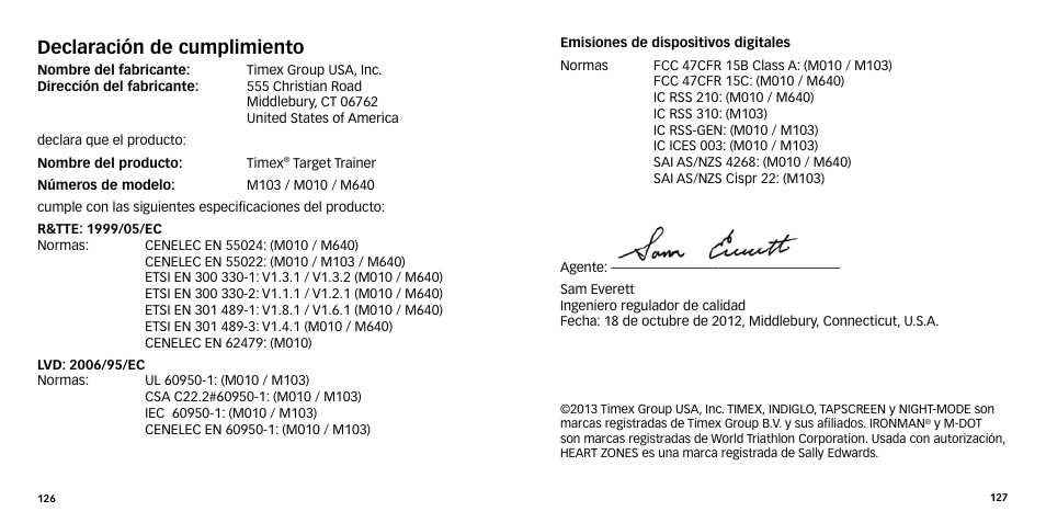 Declaración de cumplimiento | Timex W-270 User Manual | Page 66 / 88