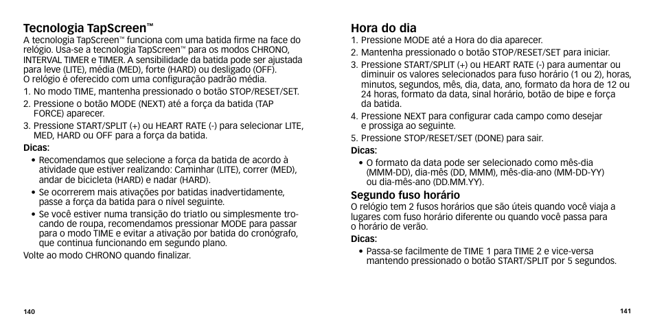 Tecnologia tapscreen, Hora do dia | Timex W-270 User Manual | Page 73 / 88