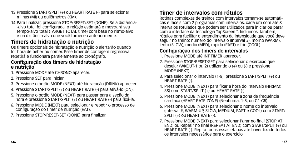 Timers de hidratação e nutrição, Timer de intervalos com rótulos | Timex W-270 User Manual | Page 76 / 88