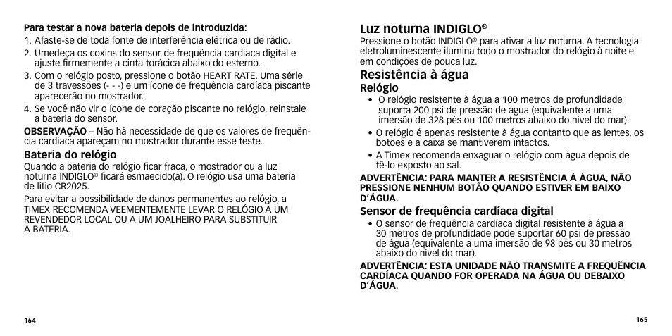Luz noturna indiglo, Resistência à água | Timex W-270 User Manual | Page 85 / 88