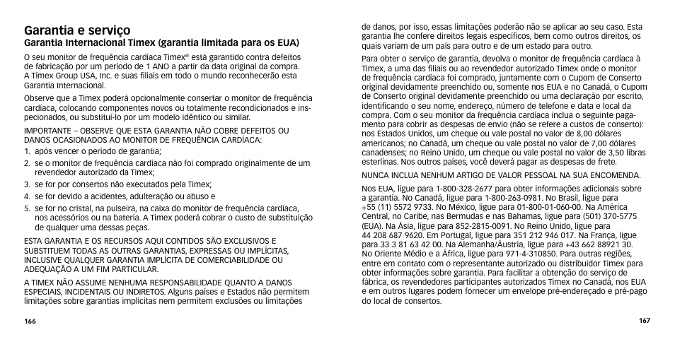 Garantia e serviço | Timex W-270 User Manual | Page 86 / 88