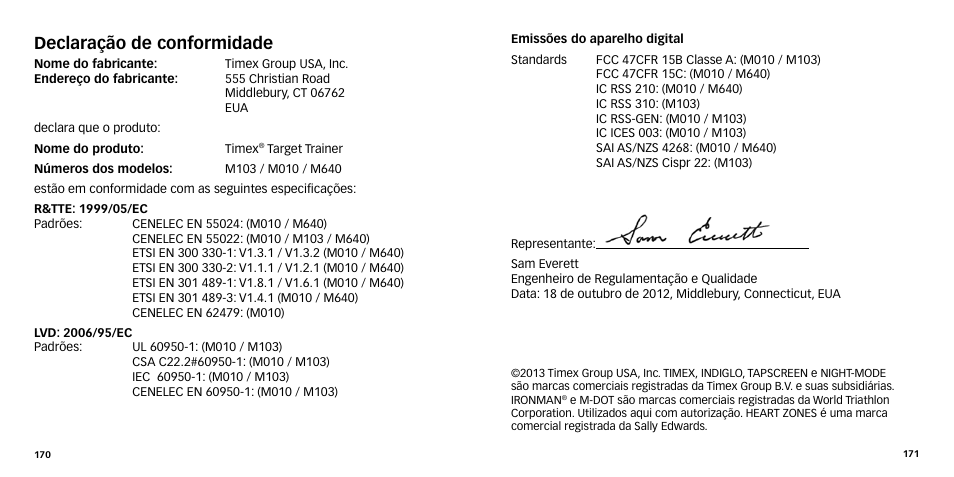 Declaração de conformidade | Timex W-270 User Manual | Page 88 / 88