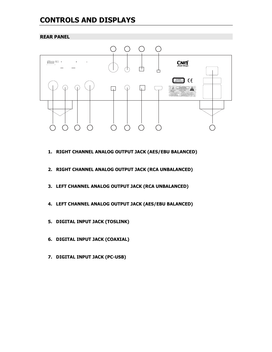 Controls and displays, Rear panel | Cary Audio Design SUPER AUDIO CD PLAYER CD 303 T SACD User Manual | Page 11 / 26