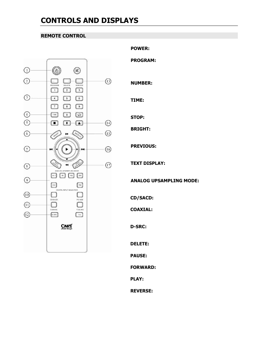 Controls and displays | Cary Audio Design SUPER AUDIO CD PLAYER CD 303 T SACD User Manual | Page 13 / 26