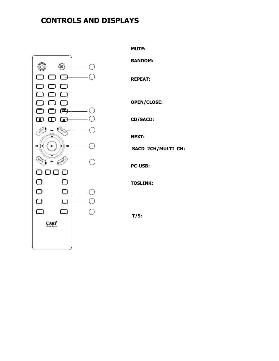 Controls and displays, Mute: use to mute and resume sound, Random: use to play all the tracks on the disc | Once in random order, Repeat: use to repeat play. press once for, Open/close: use to open and close the disc holder, Next: use to select another track during play | Cary Audio Design SUPER AUDIO CD PLAYER CD 303 T SACD User Manual | Page 14 / 26