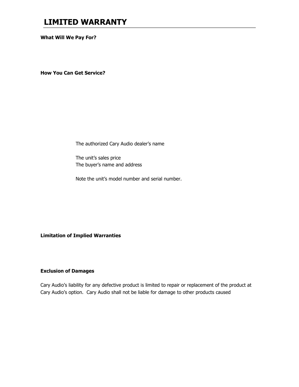Limited warranty | Cary Audio Design SUPER AUDIO CD PLAYER CD 303 T SACD User Manual | Page 24 / 26