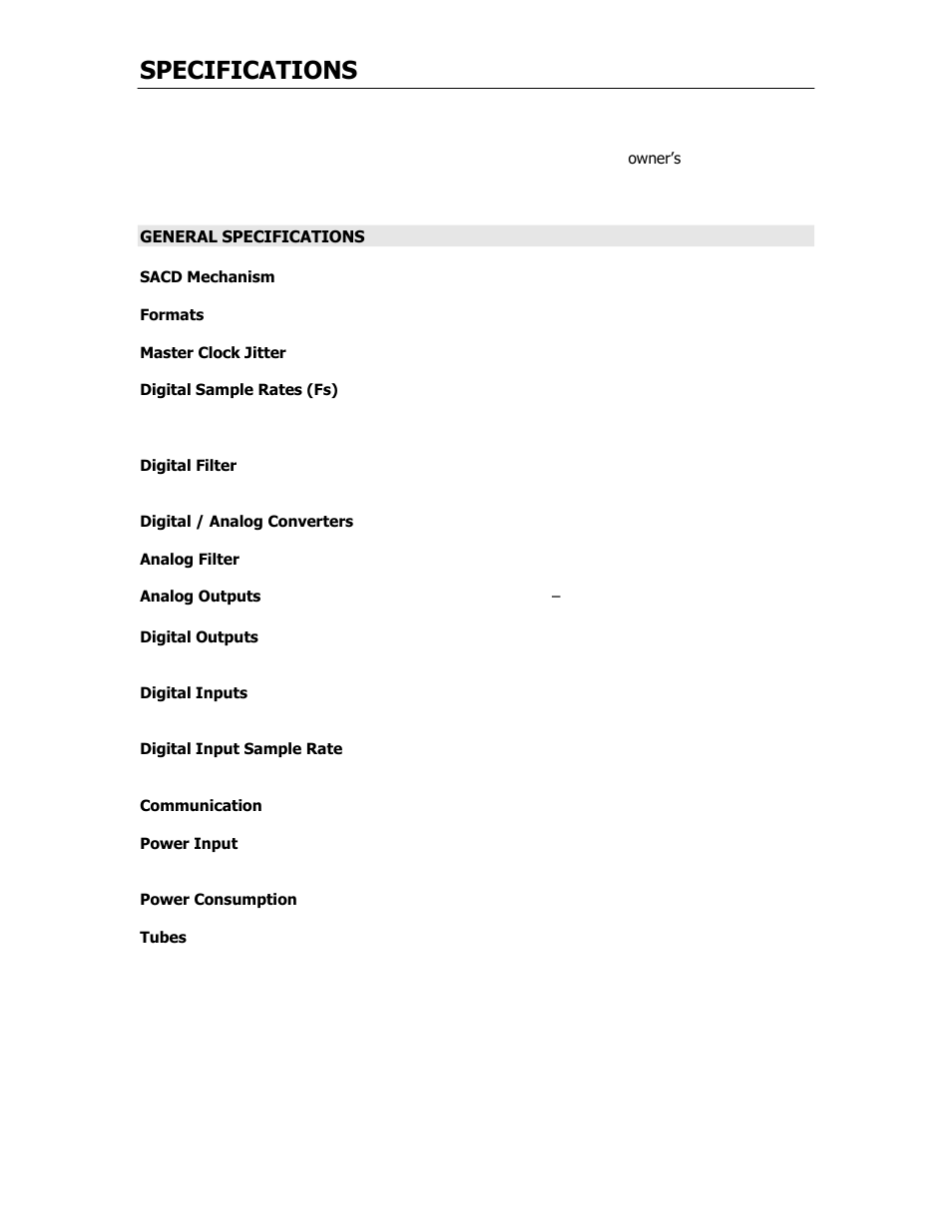 Specifications | Cary Audio Design SUPER AUDIO CD PLAYER CD 303 T SACD User Manual | Page 7 / 26