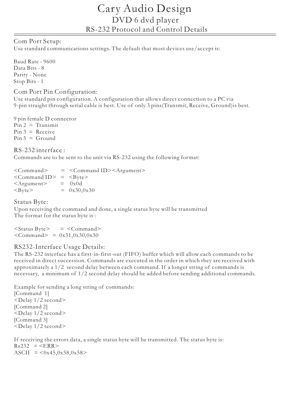 Cary Audio Design DVD 6 RS-232 User Manual | 2 pages