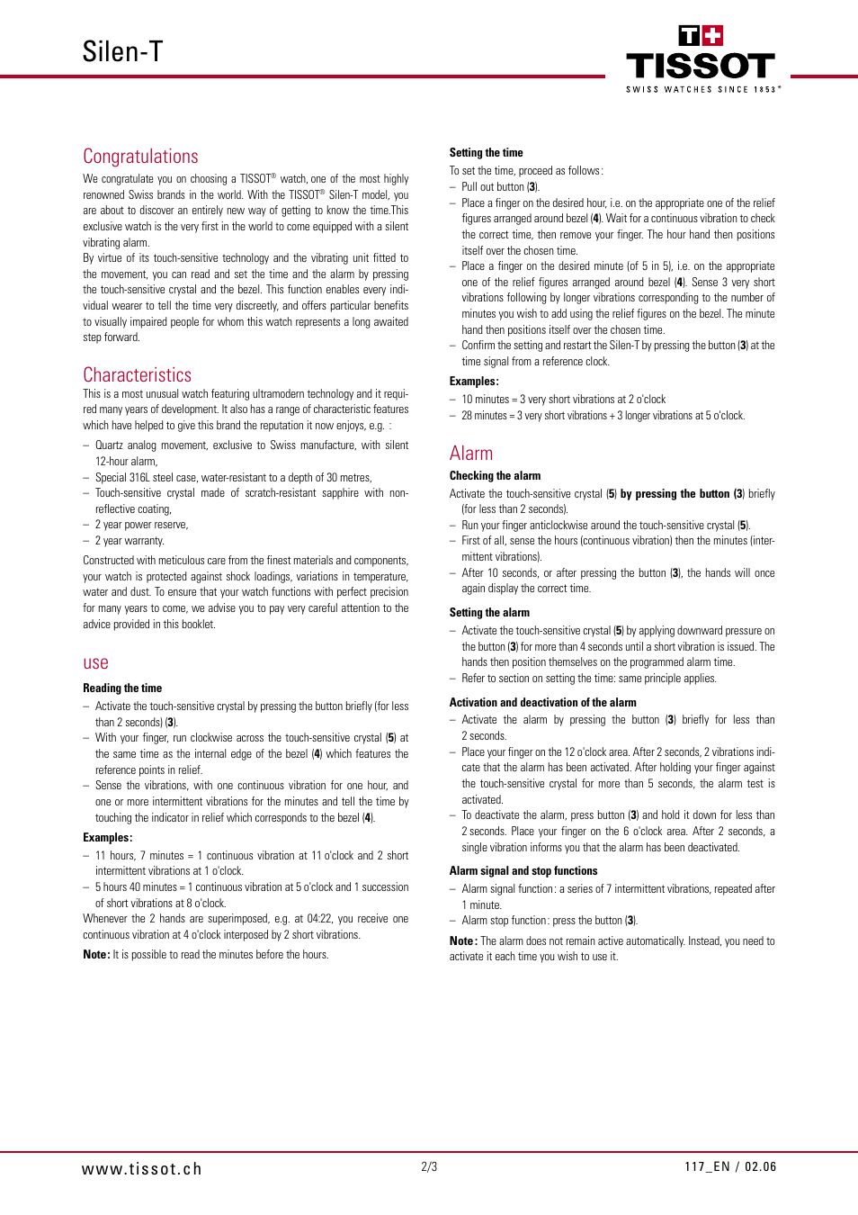 Silen-t, Characteristics, Alarm | Tissot 117 User Manual | Page 2 / 3