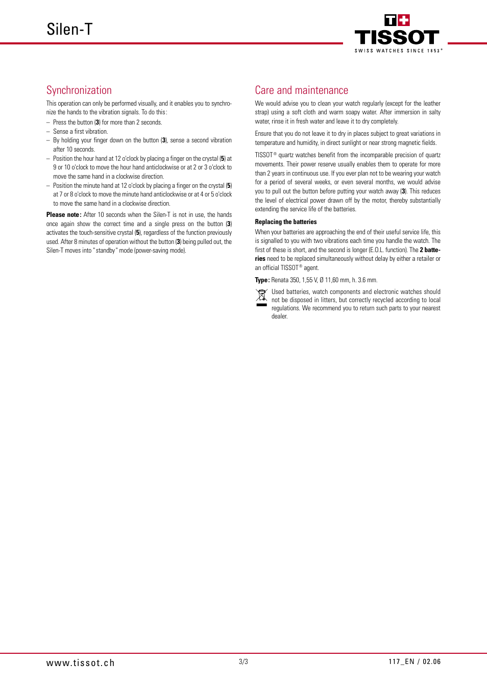 Silen-t, Synchronization, Care and maintenance | Tissot 117 User Manual | Page 3 / 3