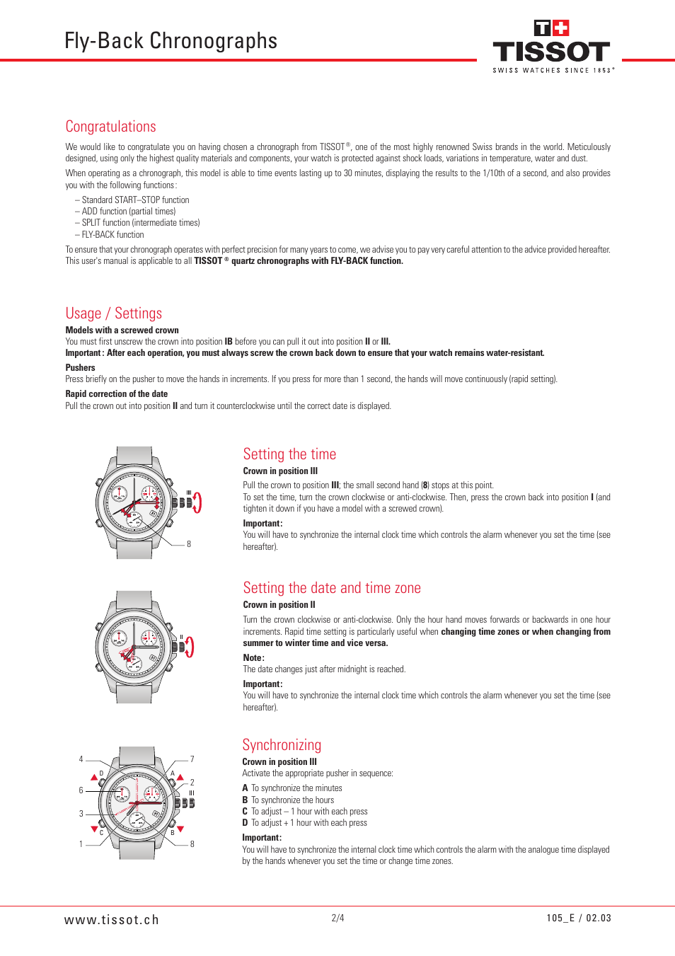 Fly-back chronographs, Usage / settings, Setting the time | Setting the date and time zone, Synchronizing | Tissot 105 User Manual | Page 2 / 4