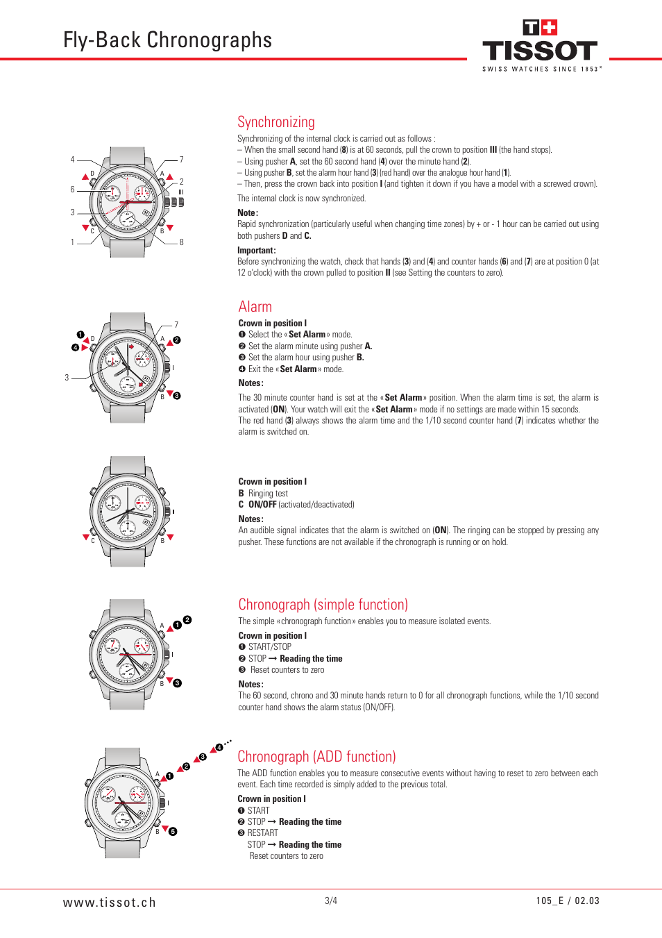 Fly-back chronographs, Alarm, Chronograph (simple function) | Synchronizing, Chronograph (add function) | Tissot 105 User Manual | Page 3 / 4