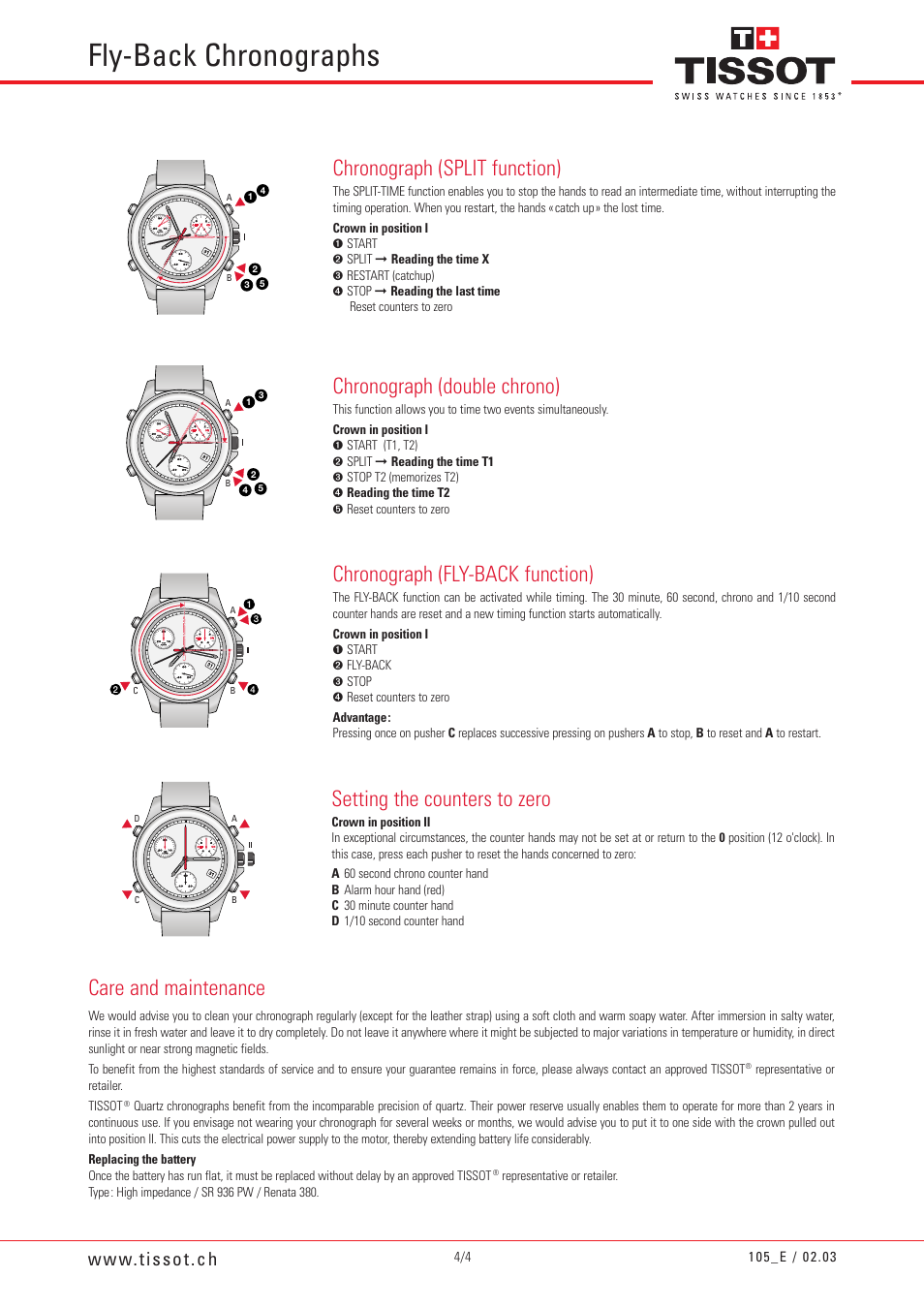 Fly-back chronographs, Setting the counters to zero, Care and maintenance | Chronograph (split function), Chronograph (double chrono), Chronograph (fly-back function) | Tissot 105 User Manual | Page 4 / 4