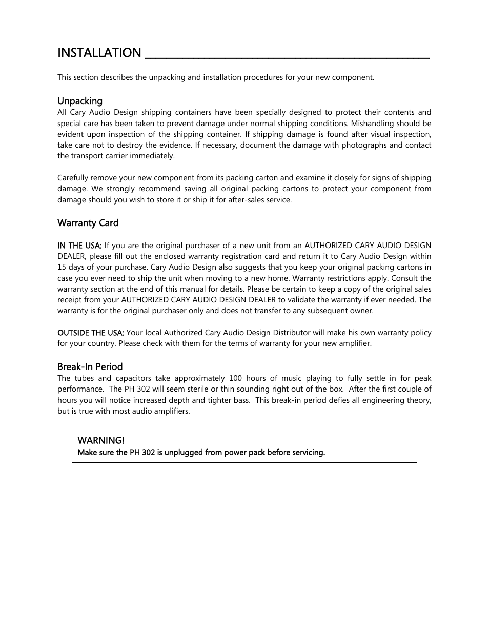 Installation | Cary Audio Design PH 302 User Manual | Page 6 / 9