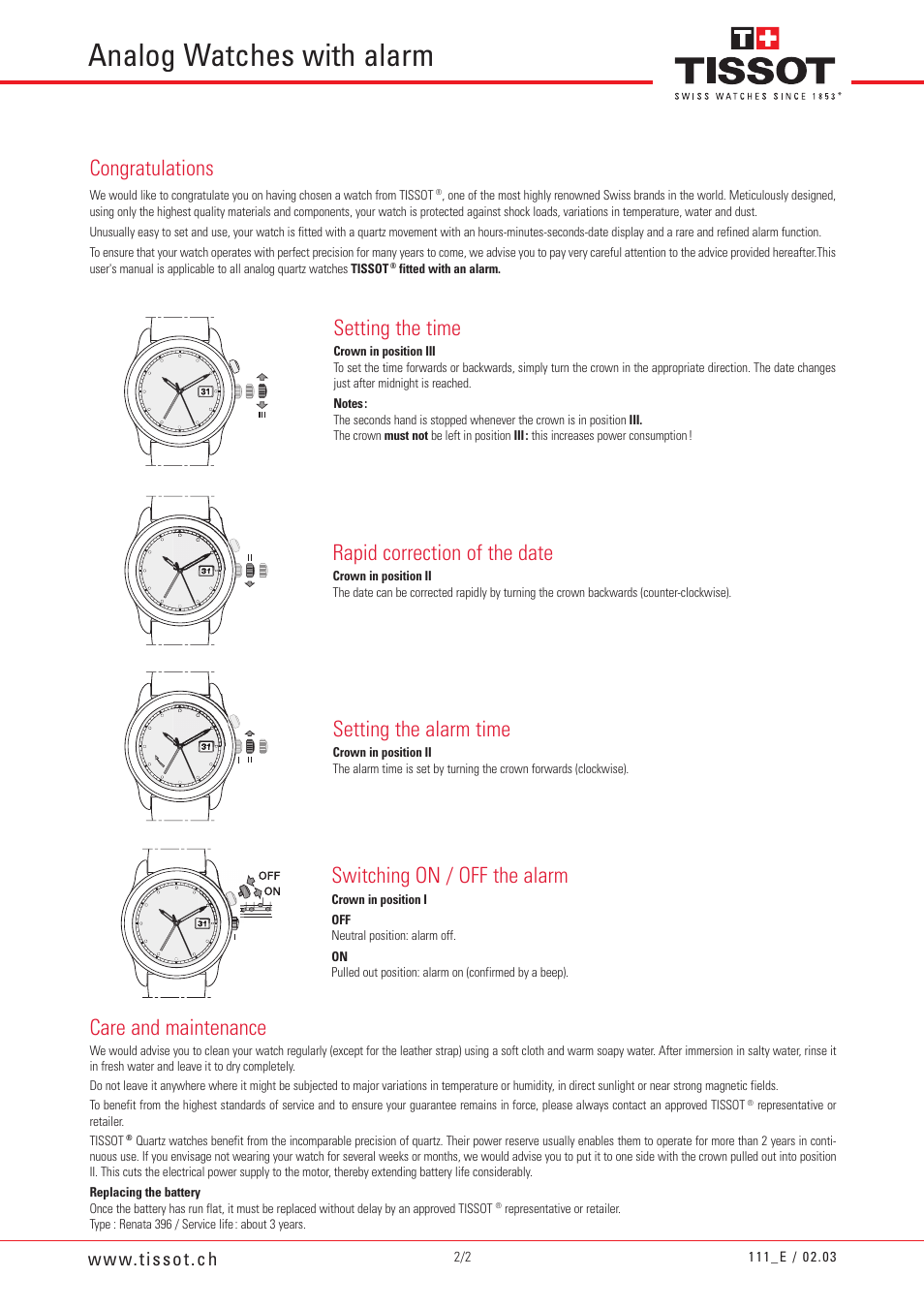 Analog watches with alarm, Setting the time, Rapid correction of the date | Setting the alarm time, Switching on / off the alarm, Care and maintenance | Tissot 111 User Manual | Page 2 / 2