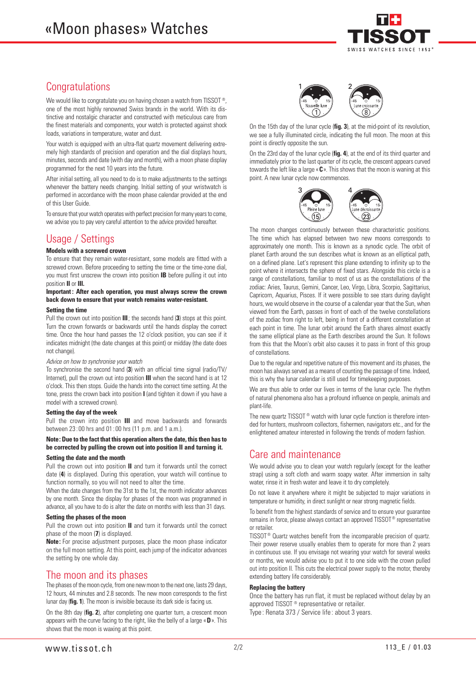 Moon phases» watches, Usage / settings, The moon and its phases | Care and maintenance | Tissot 113 User Manual | Page 2 / 2