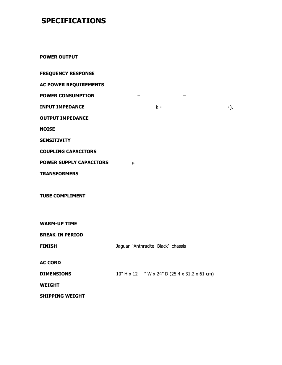 Specifications | Cary Audio Design CAD 211 FE User Manual | Page 6 / 19