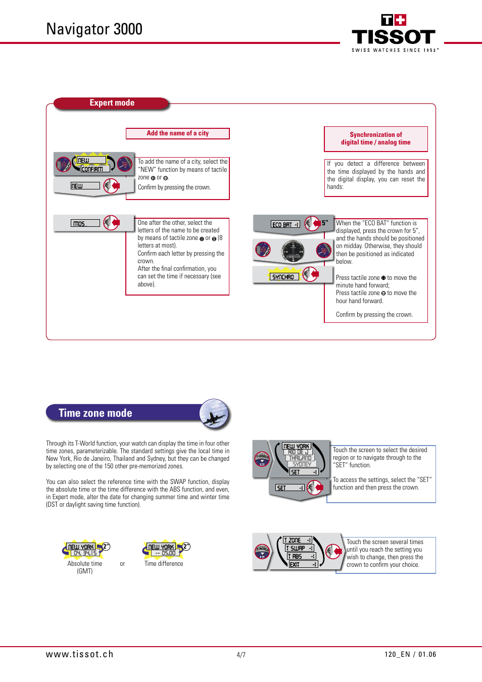 Navigator 3000, Time zone mode, Expert mode | Tissot 120 User Manual | Page 4 / 7