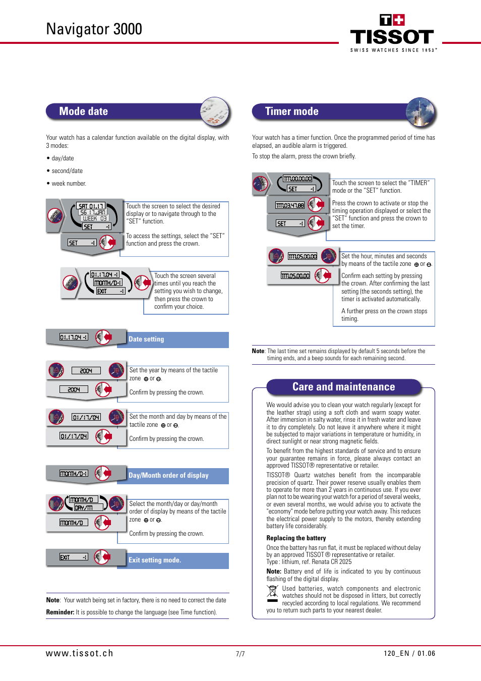 Navigator 3000, Timer mode mode date care and maintenance | Tissot 120 User Manual | Page 7 / 7
