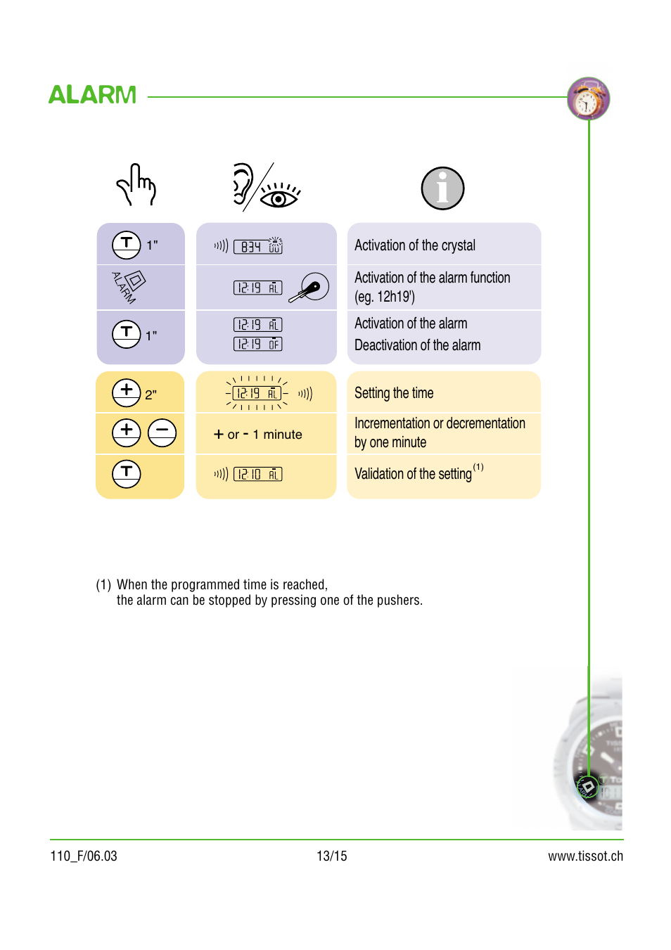 Alarm | Tissot 110 User Manual | Page 13 / 15