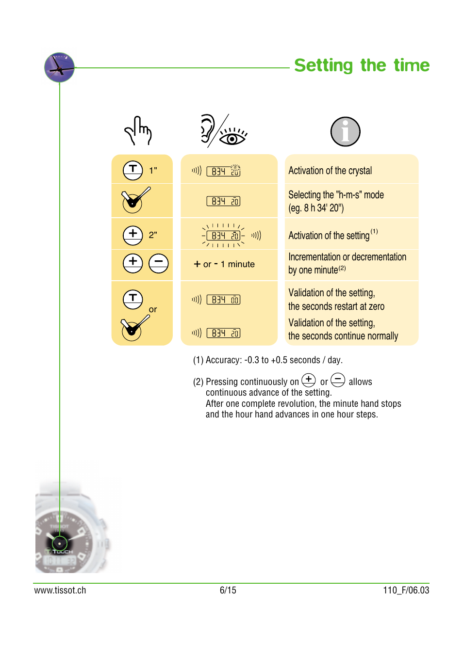 Setting the time | Tissot 110 User Manual | Page 6 / 15