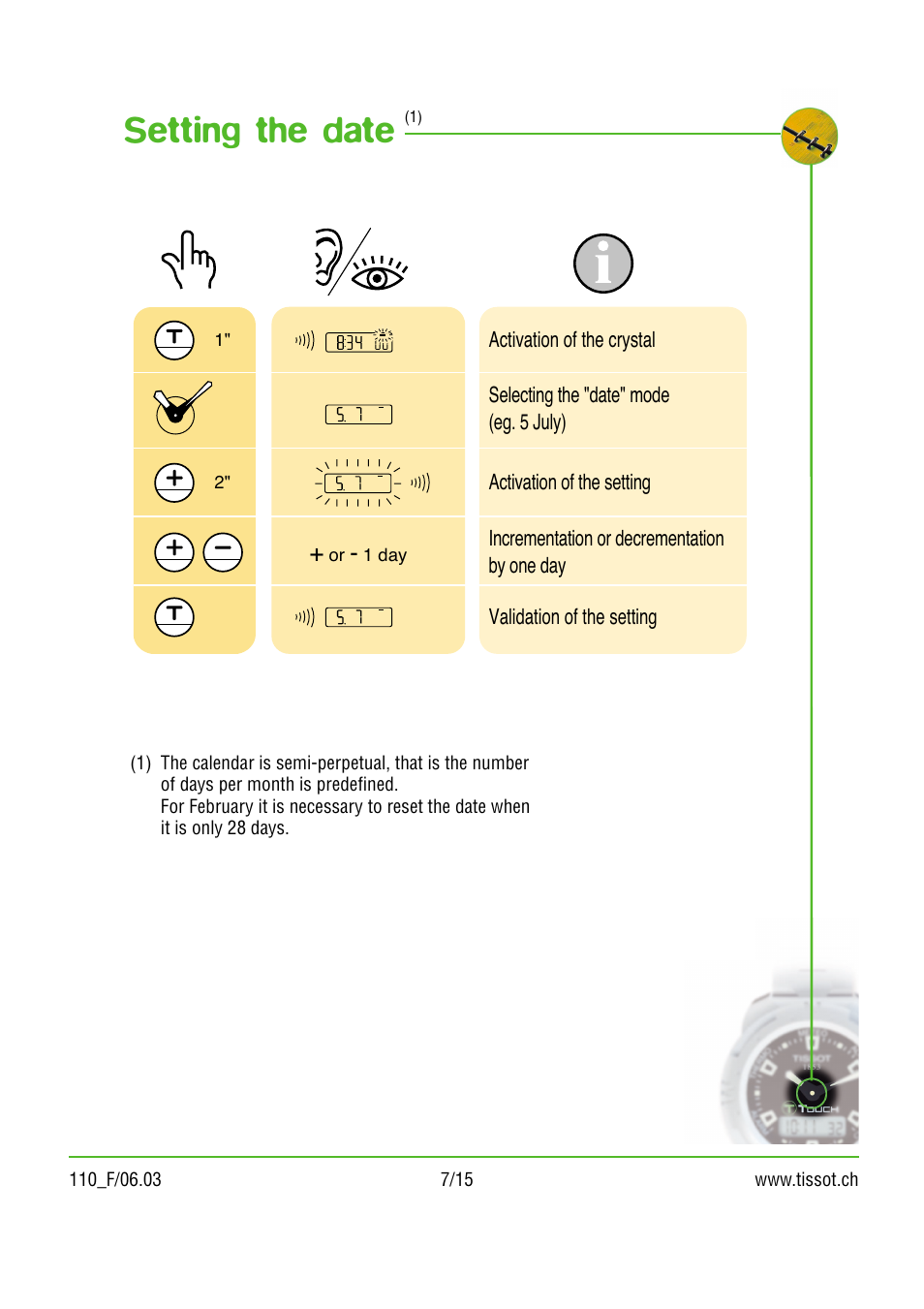 Setting the date | Tissot 110 User Manual | Page 7 / 15