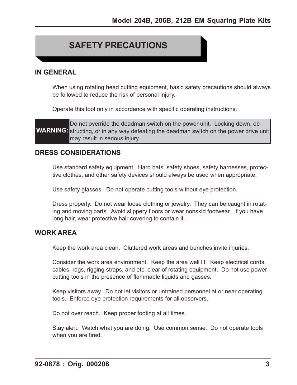 Safety precautions | Tri Tool 200B Elbow Mandrel Squaring Plate Kit User Manual | Page 3 / 10