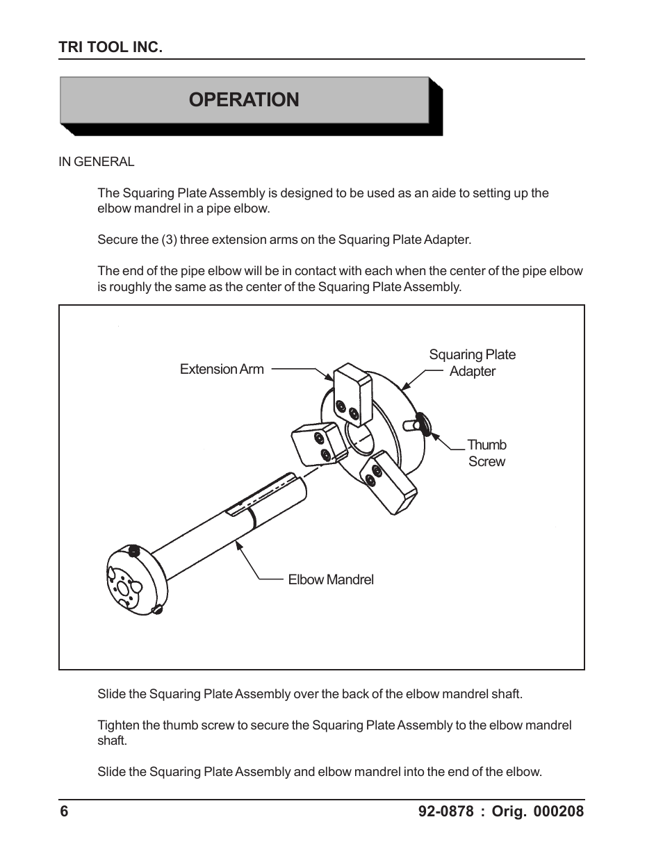 Operation | Tri Tool 200B Elbow Mandrel Squaring Plate Kit User Manual | Page 6 / 10