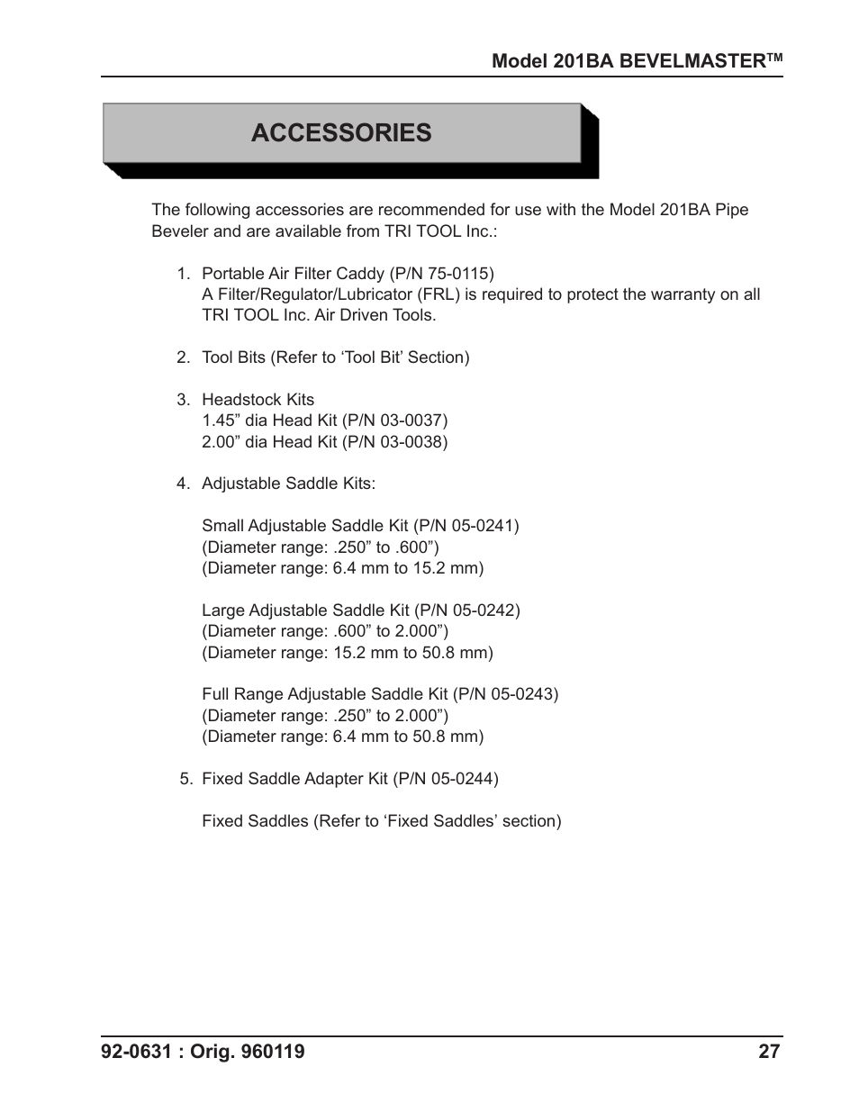 Accessories | Tri Tool 201BA Beveler User Manual | Page 27 / 36