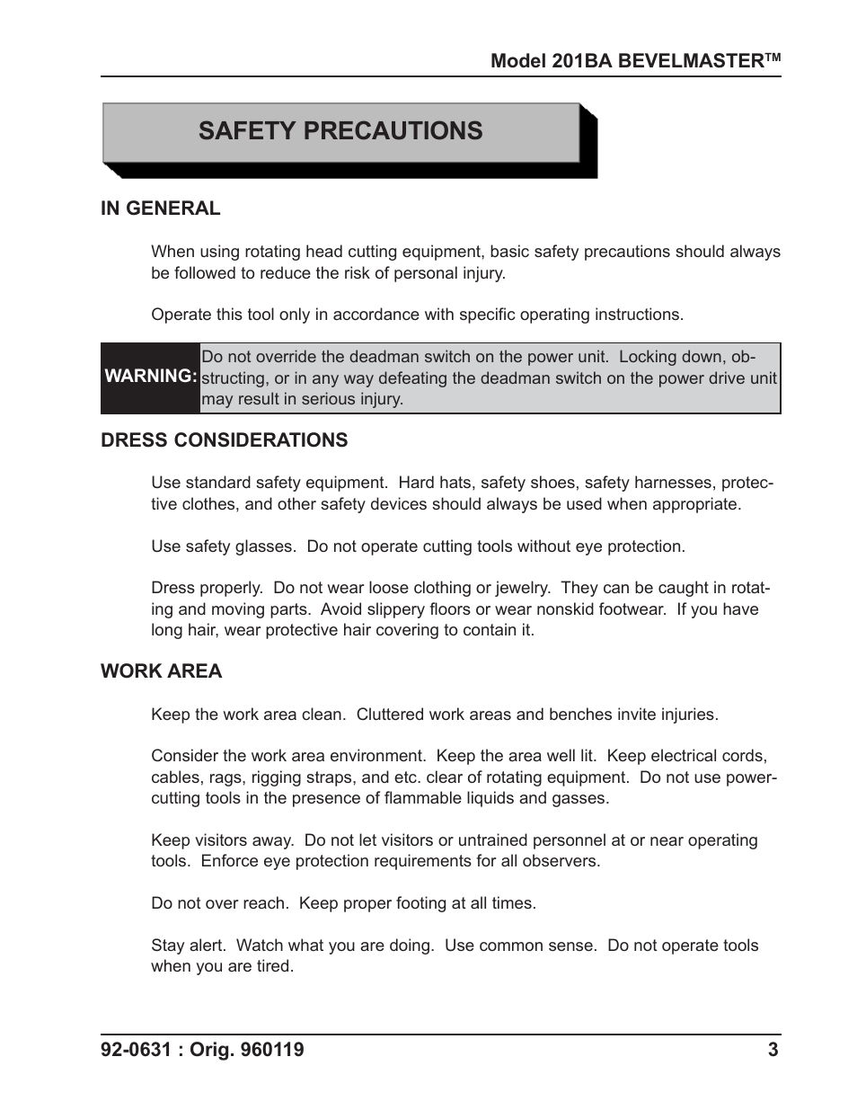 Safety precautions | Tri Tool 201BA Beveler User Manual | Page 3 / 36