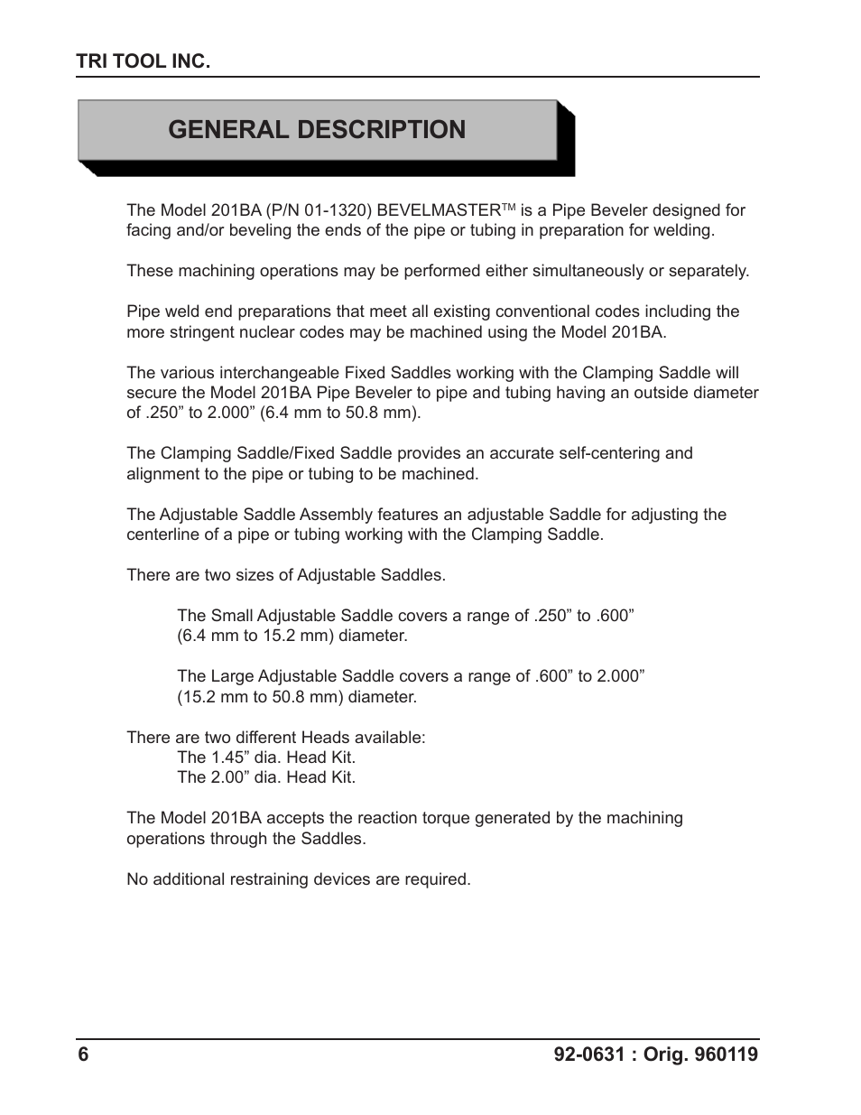 General description | Tri Tool 201BA Beveler User Manual | Page 6 / 36