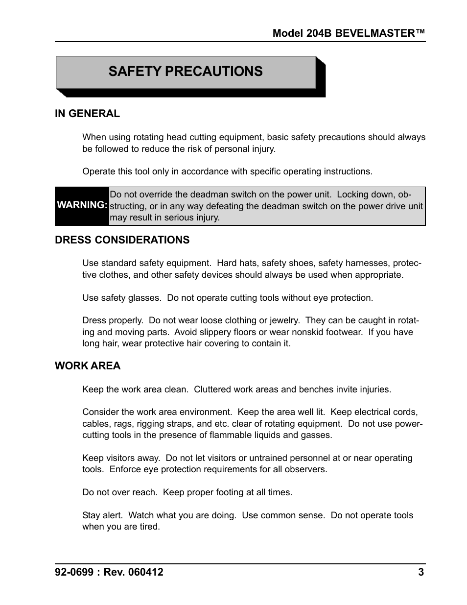 Safety precautions | Tri Tool 204B Beveler User Manual | Page 3 / 45