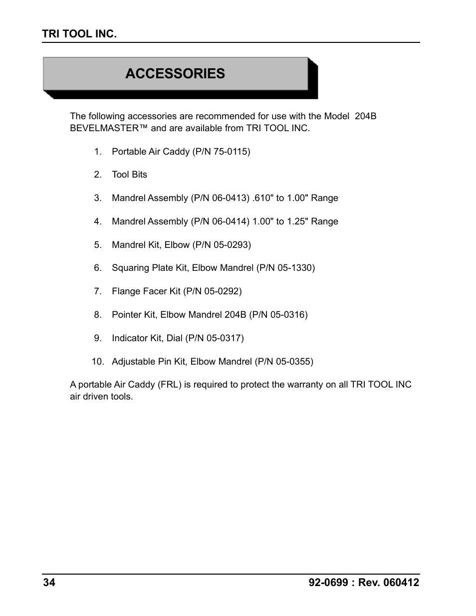 Accessories | Tri Tool 204B Beveler User Manual | Page 34 / 45