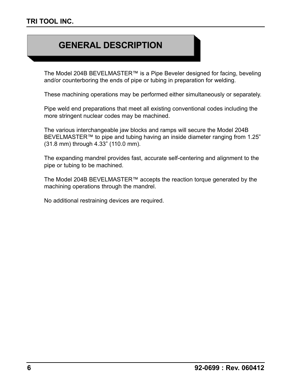 General description | Tri Tool 204B Beveler User Manual | Page 6 / 45
