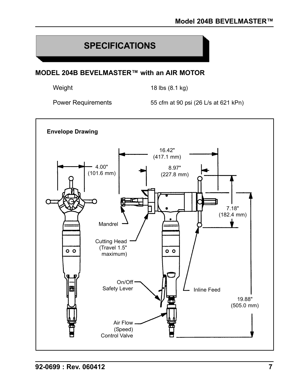 Specifications | Tri Tool 204B Beveler User Manual | Page 7 / 45