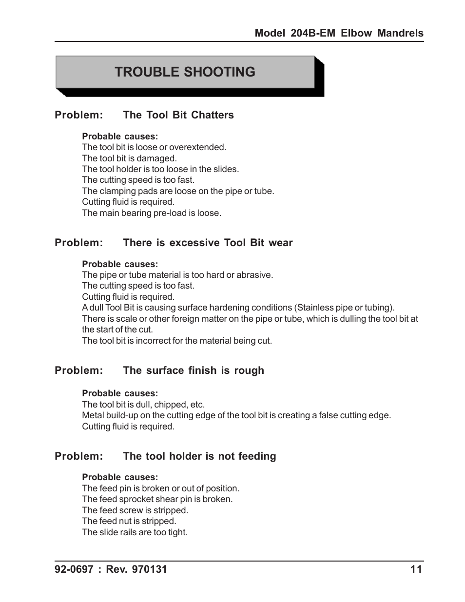 Trouble shooting | Tri Tool 204B Elbow Mandrel User Manual | Page 11 / 16